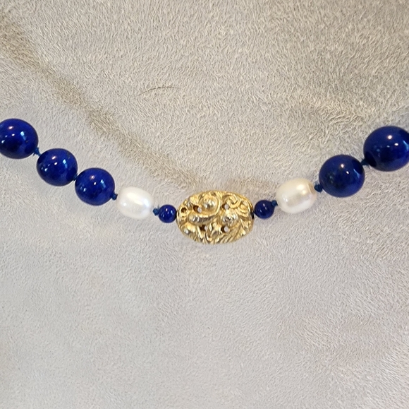 Blue Lapis Necklace with Fresh Water Pearls - Picture 4 of 4